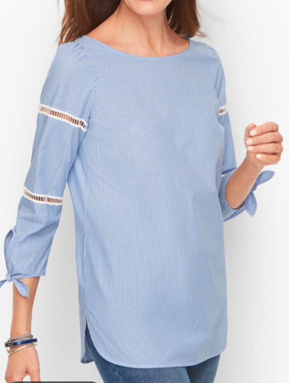 Talbots Blue White Stripe Tie Sleeve Top Size M Petite Poplin Casual Classic Top
